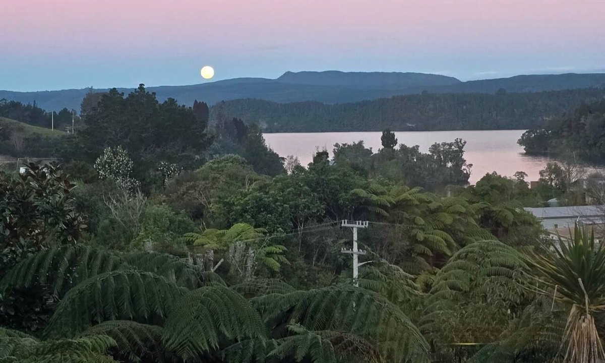 Okere Falls House | ŌKERE Ridge - Stone, native timber and tree ferns overlooking Lake Rotoiti