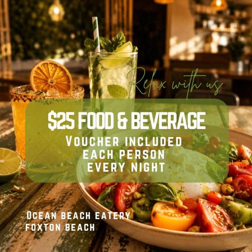 Foxton Beach Villa | Relax - Food & beverage package included at our onsite restaurant - OBE