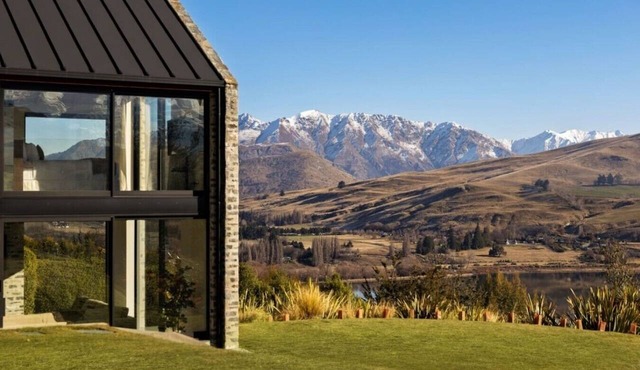 Noa By The Lake | Lake view, spa pool, outdoor fireplace in Lake Hayes Estate