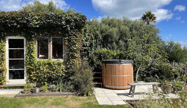 Private. Sunny. Twin sea views, cedar tub, mediterranean gardens, flat lawns. in Waiheke Island